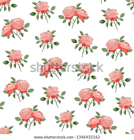 Pink roses seamless pattern on white background; Vector botanical illustration; Endless background for fabric print, texture and wrapping paper