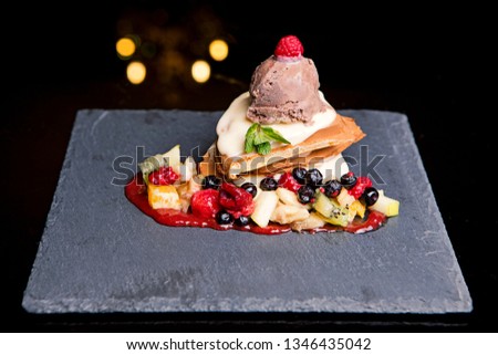 Sweet waffles with fresh fruit and Ice cream dessert