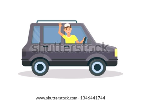 Happy Young Man in Yellow T-shirt and Cap Driving Black Colored Modern Sedan Car with Trunk on Roof Isolated on White Background. Side View Coupe Automobile. Cartoon Flat Vector Illustration, Clip Art