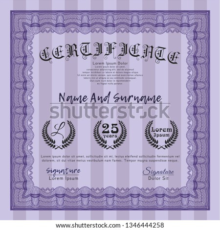 Violet Sample certificate or diploma. Perfect design. Vector illustration. With complex background. 