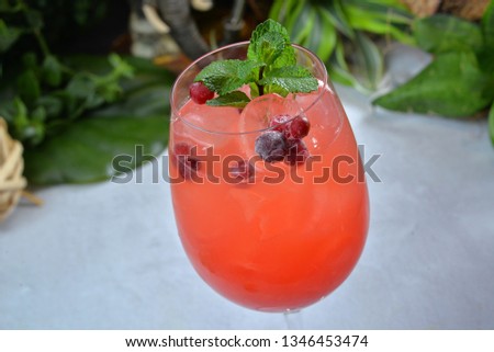 red cranberry and lime cocktail with mint and ice, decorated background copy space - Image