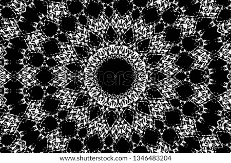 Abstract black and white painted kaleidoscopic background. Futuristic psychedelic hypnotic grunge backdrop pattern with texture. Ethnic floral ornamental mandala. Vintage geometric vector overlay