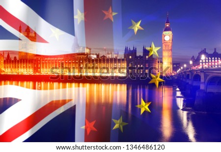 Brexit concept - image of Big Ben and UK and EU flags overlaid symbolising agreement and deal being processed 