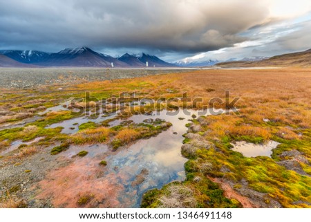 Svalbard mountain landscape with cloud reflections in the water, green meadows on the svalbard island in late autumn