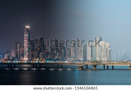 modern skyscraper city skyline at night and day photo merge, 