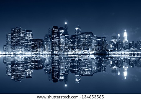 Manhattan at night, New York City. View from Brooklyn