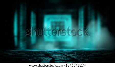 The background is an empty corridor. Tropical leaves in a dark room, neon light, smoke. 