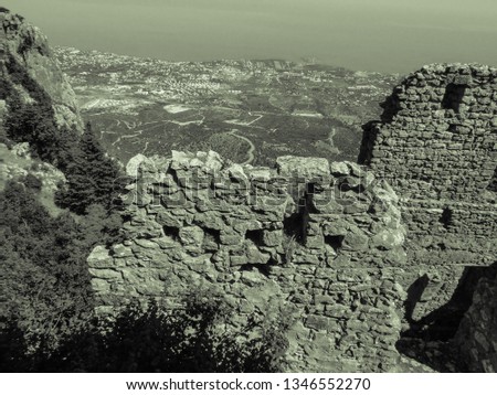 Old photo view of Saint Hilarion Castle. Kyrenia mountain range. Cyprus island