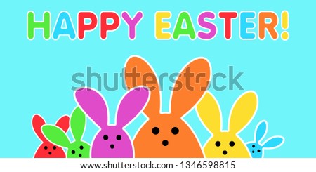 Easter Bunny illustration on turquoise Background. 
Group of cute Easter Rabbits.
Colorful Easter Text.
Funny Easter Graphic.