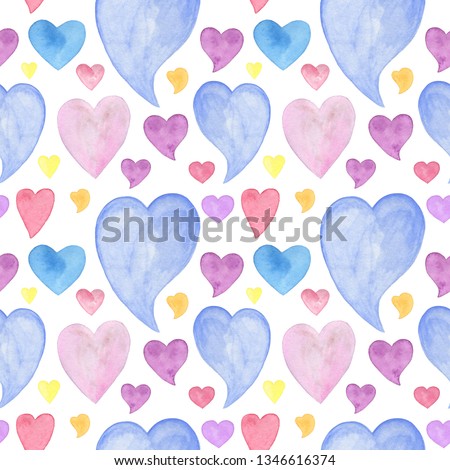 Watercolor hand drawn hearts seamless pattern of different colors, isolated objects on the white background