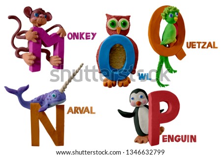Animals alphabet handmade with plasticine. “M, N, O, P, Q” letters with monkey, narwhal, owl, penguin and quetzal. Isolated on white background – Image