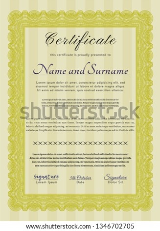 Yellow Diploma. Vector illustration. With complex background. Superior design. 