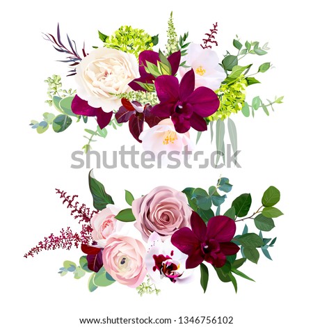 Luxury fall floral vector bouquets.Dark and white orchid, garden dusty rose, ranunculus, burgundy red astilbe, pink camellia, green hydrangea and greenery.Autumn wedding flowers. Isolated and editable Royalty-Free Stock Photo #1346756102