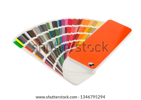 front view close up of multicolor color pantone  paper spectrum sampler isolated on white background