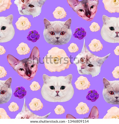 Seamless minimal  pattern. Cats face. Use for t-shirt, greeting cards, wrapping paper, posters, fabric print. Collage fun art