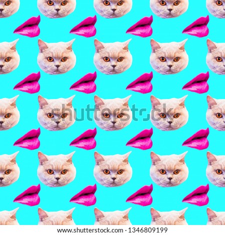 Seamless minimal  pattern. Kitty and lips. Use for t-shirt, greeting cards, wrapping paper, posters, fabric print. Collage fun art