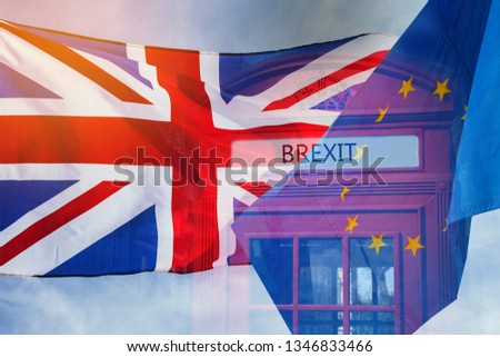 Brexit themed image with the European and UK flag and a London Telephone with message