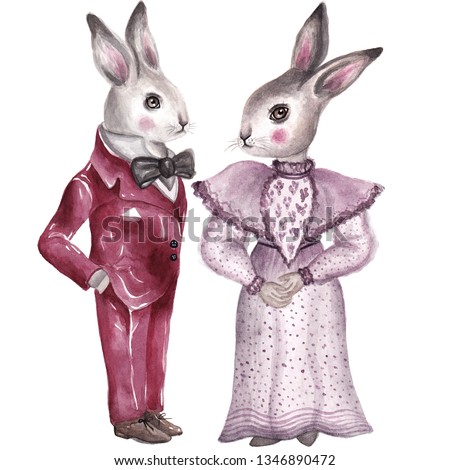 Spring easter bunnies couple. Cute hand drawn watercolor illustration.