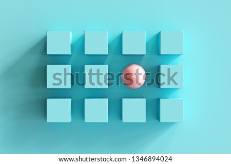 outstanding pink shpere among blue boxes on blue background. minimal flat lay contept