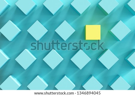 outstanding yellow box among blue boxes on light blue background. minimal flat lay contept