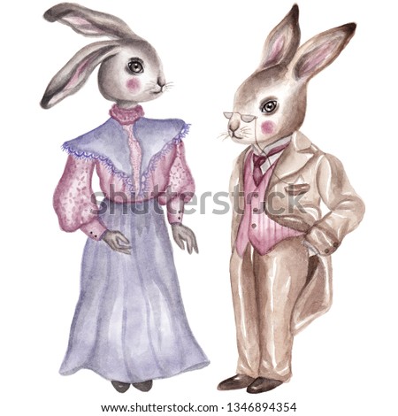 Spring vintage bunnies couple. Watercolor illustration
