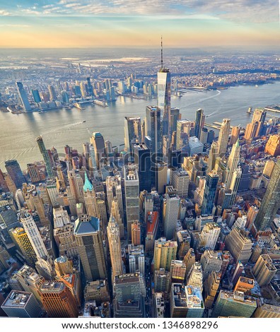 Downtown Manhattan aerial vertical panorama with vertigo effect   