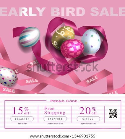 Collection of discount voucher template with ribbons bow, Easter eggs and promo QR code. Detailed and realistic Vector illustration.