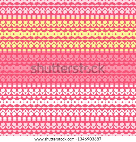 Art seamless pattern. Glade with spring pink and yellow flowers. Color - pink, yellow, white. Vector geometric background. Can be used for social media, posters, email, print, ads designs.