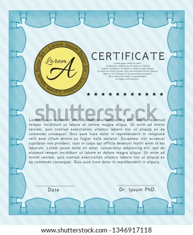 Light blue Certificate template or diploma template. Cordial design. Customizable, Easy to edit and change colors. With complex background. 