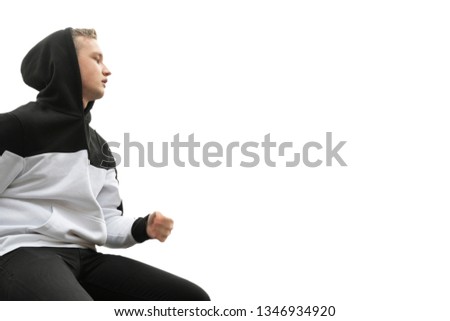 young hooded person isolated on white background