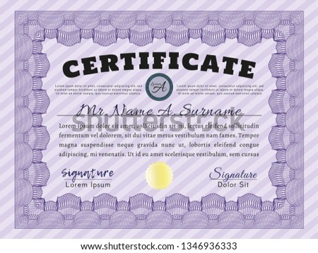 Violet Awesome Certificate template. With great quality guilloche pattern. Nice design. Vector illustration. 