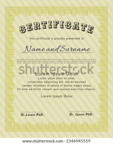 Yellow Certificate or diploma template. Perfect design. With quality background. Detailed. 
