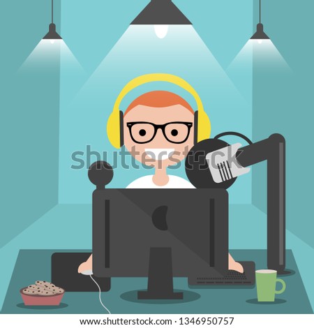 Young character sitting at computer desk.Streaming.Cloud gaming service.Flat cartoon design.Clip art