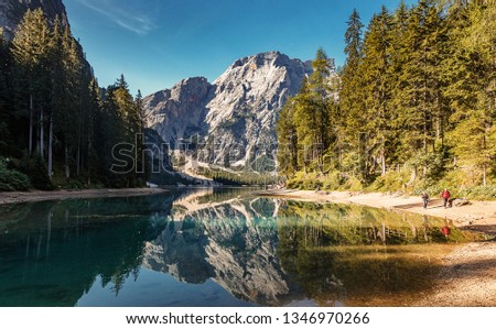 Braies lake during sunrise, popular Touristic Place in Dolomites Alps. Italy  Picture of wild area Europe. Wonderful nature Landscape