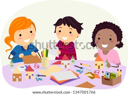 Illustration of Stickman Kids with Paper, Glue and Scissors Making Cardboard Houses