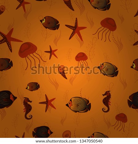 Seamless cute pattern with tropical fish in brown, orange and red colors. Vector illustration.