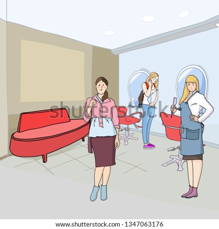 Color vector illustration, the master hairdresser, his workplace, the interior of the salon and customers