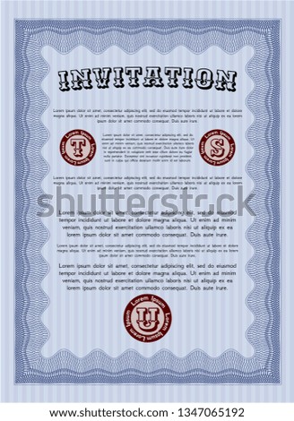 Blue Retro vintage invitation. With guilloche pattern and background. Perfect design. Customizable, Easy to edit and change colors. 