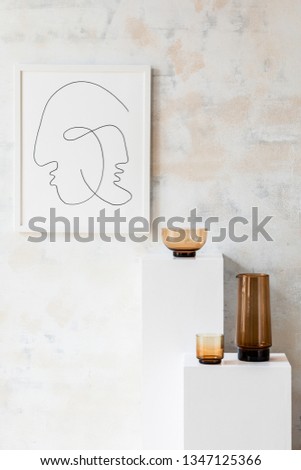 Modern and eclectic room interior with white stands , mock up poster frame . Stylish space with design vintage accessories. Design home decor. Abstract wiped walls. Real photo. 