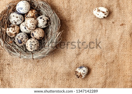 Easter decoration with egg in nest on brown rustic linen canvas background. Easter concept. Flat lay top view copy space. Spring greeting card