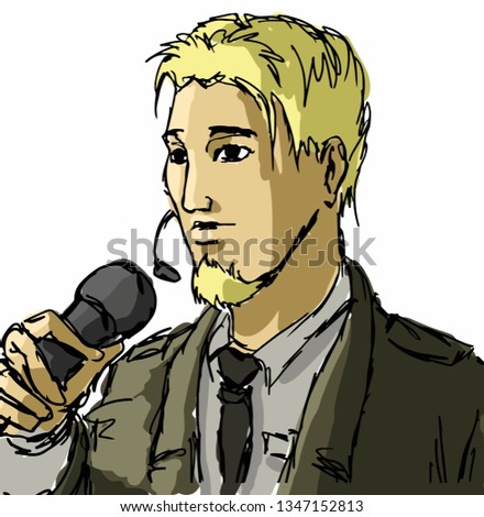 Vector handsome master of ceremonies (MC) with light hair and beard holding microphone