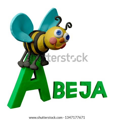 Spanish animals alphabet ABC handmade with plasticine. “A” letter with bee. Abeja. Isolated on white background – Image