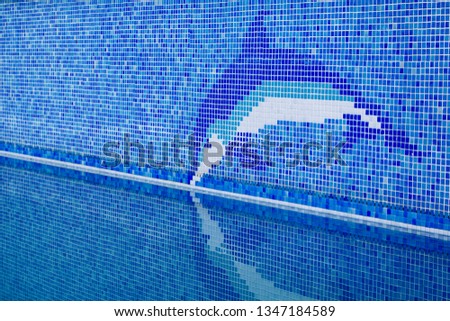 Dolphin mosaic on the wall of public swimming pool.