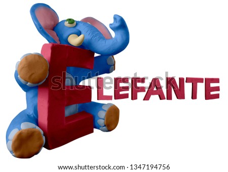 Spanish animals alphabet ABC handmade with plasticine. “E” letter with elephant. Elefante. Isolated on white background – Image