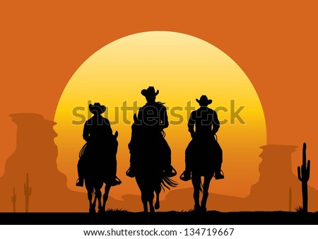 Illustration of cowboys riding horse at sunset Royalty-Free Stock Photo #134719667