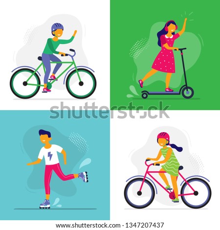 Skating kids. Children ride bike, rollerblades and scooter. Rollerblading childrens, friends riding together. Summer activities, bicycle or scooter wheel game. Vector isolated icons illustration set