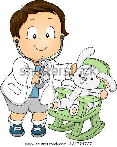 Illustration of a Toddler Boy dressed as a Doctor with his Plush Bunny Patient