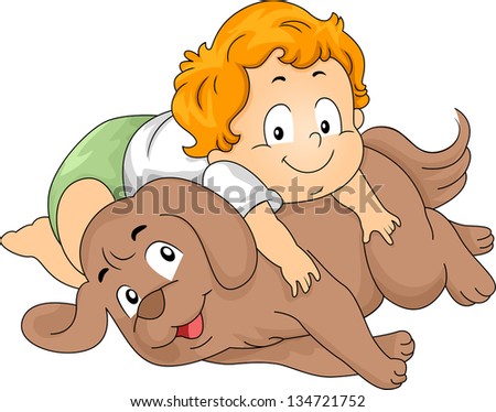 Illustration of a Toddler Boy reclining on his Pet Dog