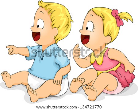 Illustration showing Side View of Happy Boy and Girl Toddlers Looking Left