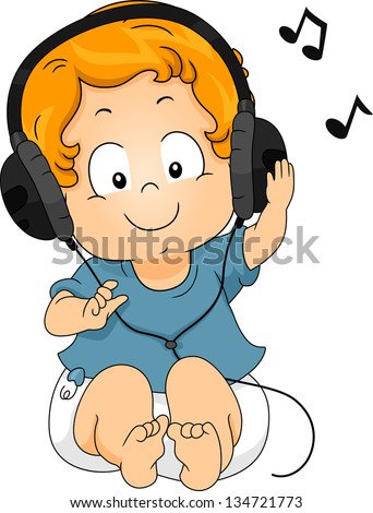 Illustration of a sitting Toddler Boy using Headphones while listening to Music